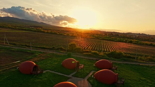 Drone footage of Hotel Qvevrebi near Telavi, Georgia, featuring the accommodation property and its tranquil rural setting under clear daylight.