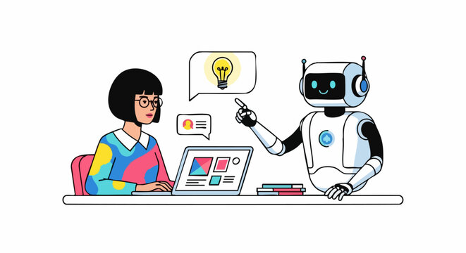 AI and Innovation: A digital illustration depicts a woman and a friendly robot engaged in creative collaboration, the robot pointing towards a lightbulb.