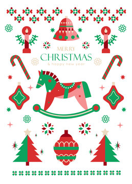 Christmas toys, candles and rocking horse in flat style on white background as holiday concept. Vector illustration