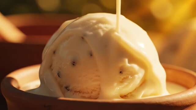 Close-up of a creamy vanilla ice cream scoop with dark specks being drizzled with sweet condensed milk in a rustic earthenware bowl, featuring a warm, inviting mood