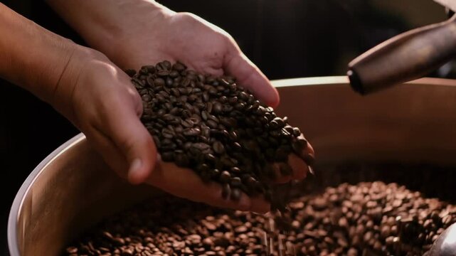 barista hand with Coffee roasting bean after process in small roaster factory burning cooling processes beverage