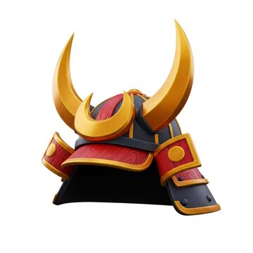 Stylized Samurai Helmet With Golden Horns And Red Accents On Black Base