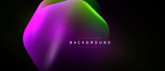 Naklejka premium Abstract fluid shapes, vibrant colors blend. Dark background emphasizes glowing magenta, green hues. Modern design element for digital projects.