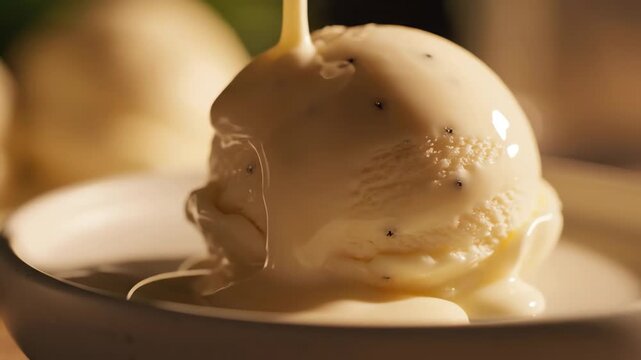 Close-up of a creamy vanilla ice cream scoop with visible vanilla bean specks being drizzled with sweet sauce in a shallow bowl against a blurred background, creating a decadent