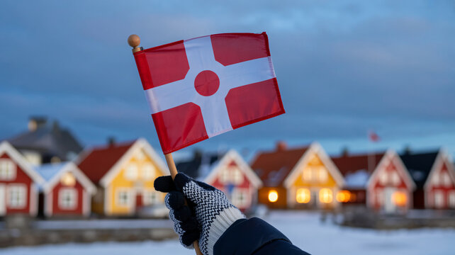 A gloved hand holds a small Danish flag in front of a row of brightly lit houses in a snowy village.