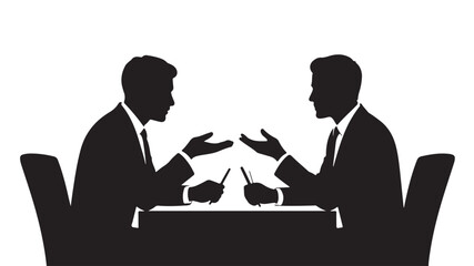 Fototapeta premium Business Negotiation Silhouette of Two Professionals Discussing Deal at Office Desk for Corporate Partnership