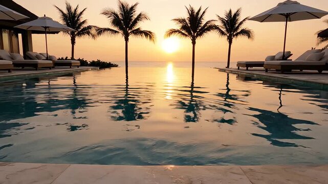 Serene infinity pool at sunset reflects palm trees and lounge chairs, creating a tranquil and luxurious tropical vacation ambiance against a warm, golden sky