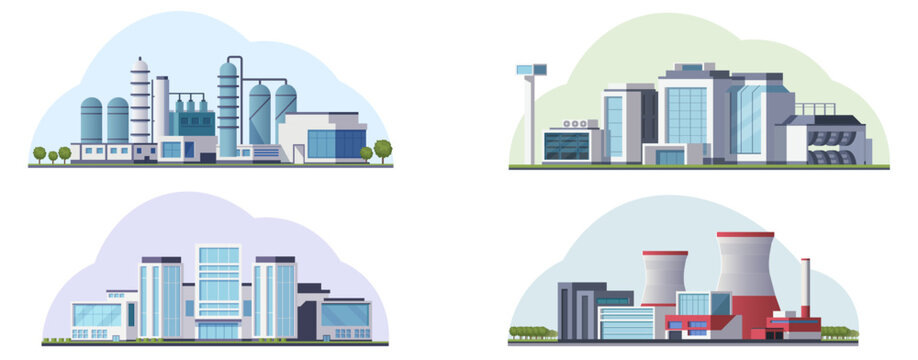 Multiple factory set scenes in clean flat style on soft colored backgrounds showing industrial concepts for production facilities. Vector illustration