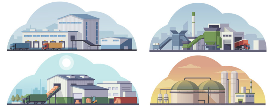 Four factory scenes in flat style on backgrounds showing industrial concepts and processing facilities. Vector illustration