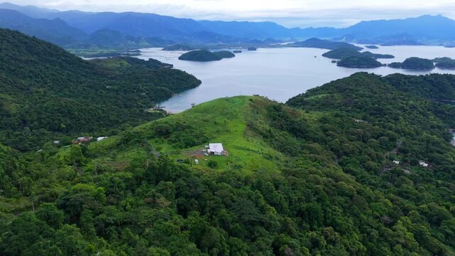 Angra dos Reis municipality Rio de Janeiro state Southeast region Brazil in Costa Verde with Atlantic Forest biome on granitic coastal mountains and Ilha Grande bay system, drone forward glide shot