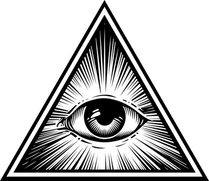 All seeing eye of providence inside a radiant triangle. Vintage woodcut etching style masonic symbol with sunrays and intricate linework. Esoteric, occult icon isolated on white background.