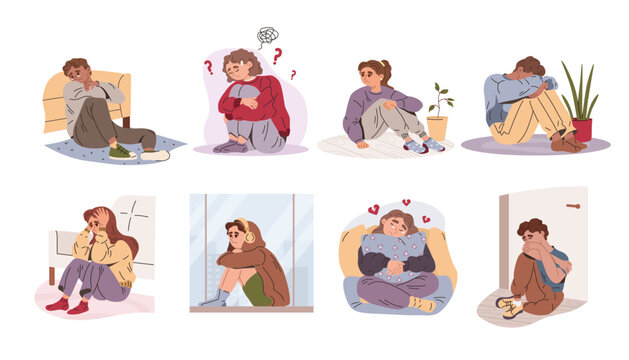 Several sad people sitting in various poses, cartoon style, on white background, concept of depression disorder and emotion sadness. Vector illustration
