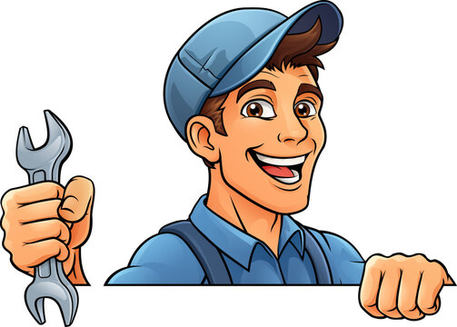 A handyman, mechanic, plumber or other construction cartoon mascot man holding a wrench or spanner tool.