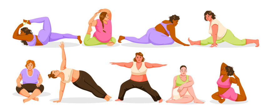 Women doing various yoga poses in flat style on white background, concept of body positivity and wellness. Vector illustration