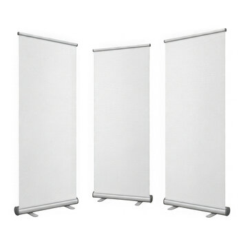 Three white vertical room dividers with metal frames isolated on transparent background