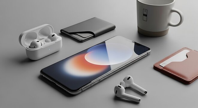 Smartphone and accessories on table.