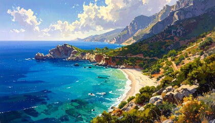 Fototapeta premium A serene coastal landscape with a sandy beach (1)