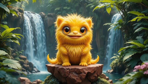Ultra realistic cute fluffy golden-yellow cube monster with shiny fiber fur, large warm amber eyes
