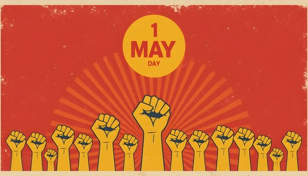 International workers day poster design with raised fists, may 1st labor day concept, vector illustration with vintage grunge texture background