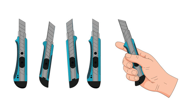 Collection of various utility knives showing different angles along with a human hand holding the tool for precise manual work.