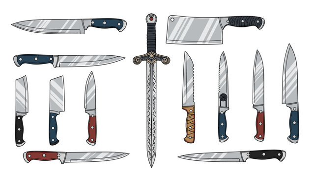 Assortment of sharp blades including various kitchen knives a meat cleaver and an ornate decorative sword arranged on a plain white background for art.