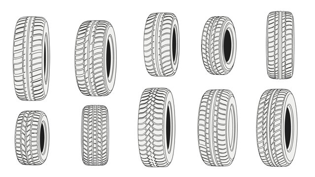 Selection of ten car and truck tires shown from different perspectives to highlight various tread patterns in a detailed black and white line art set.