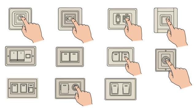 Collection of hands interacting with different types of light switches and dimmers for interior lighting control concepts on a white background design.