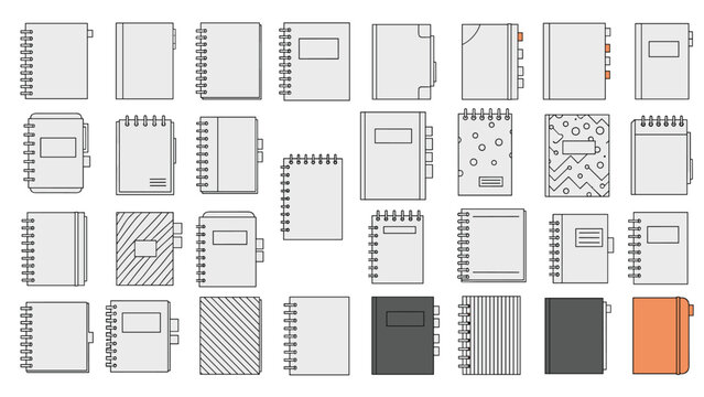 Extensive grid showing various notebook and journal designs with different bindings, patterns, and cover styles.