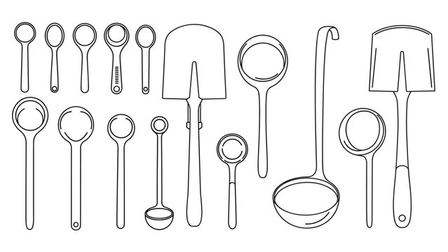 Selection of kitchen utensil line drawings including various spoons, ladles, and spatulas in different shapes and sizes for culinary graphics.