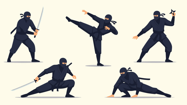 Set of ninja characters in various dynamic action poses wearing traditional black outfits and wielding weapons like swords and throwing stars.
