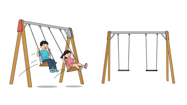 Illustration of children playing on a swing set alongside a depiction of an empty playground swing frame to show different states of activity.