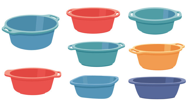 Collection of plastic basins and bowls in different colors and shapes for various household chores, laundry tasks, and kitchen storage needs.