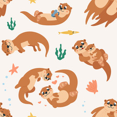 Fototapeta premium Otters seamless pattern. Funny water river animals, cartoon swimming otter, seashell and seaweed. Decorative print for wallpaper, fabric design, classy vector background