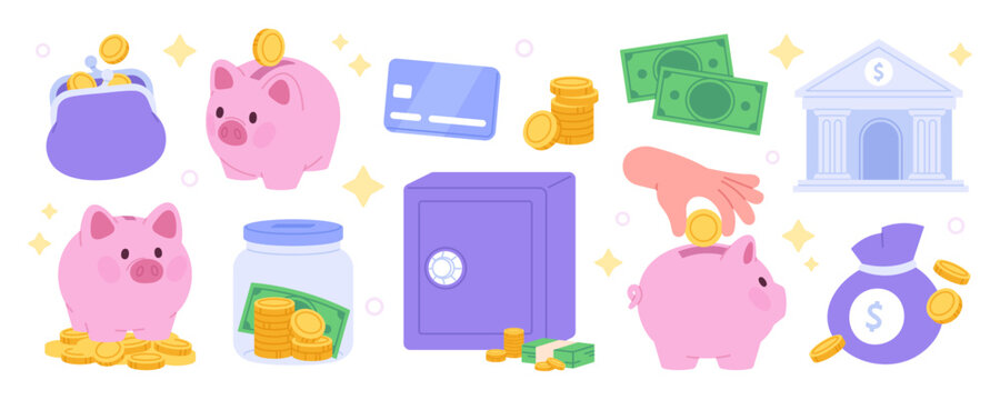 Finance and money savings elements. Financial literacy, saving and investment. Bank building icon, credit debit card, pig bank and wallet with gold coin, racy vector clipart