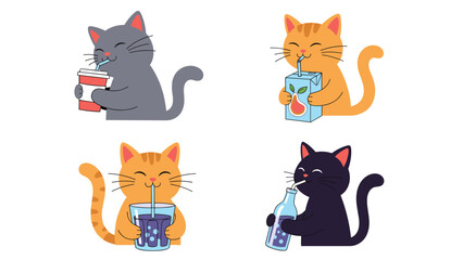 Naklejka premium Another set of cute cartoon cats enjoying various drinks like coffee, juice, and soda from cups, bottles, and boxes with colorful designs.
