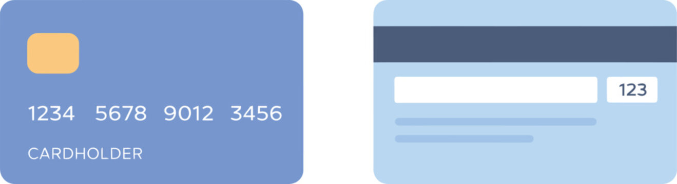 Front and back view of a blue credit card with magnetic stripe, payment method