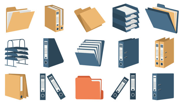 Comprehensive set of office organizational tools including file folders, ring binders, paper trays, and document holders in tan and blue colors.