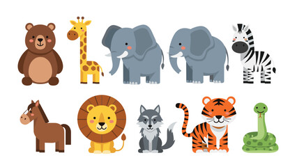 Fototapeta premium Set of adorable cartoon zoo animals including a bear, giraffe, elephants, zebra, horse, lion, wolf, tiger, and snake.