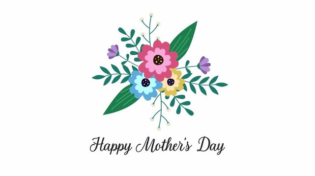 Happy Mother's Day greeting card with colorful hand drawn floral bouquet on white background.