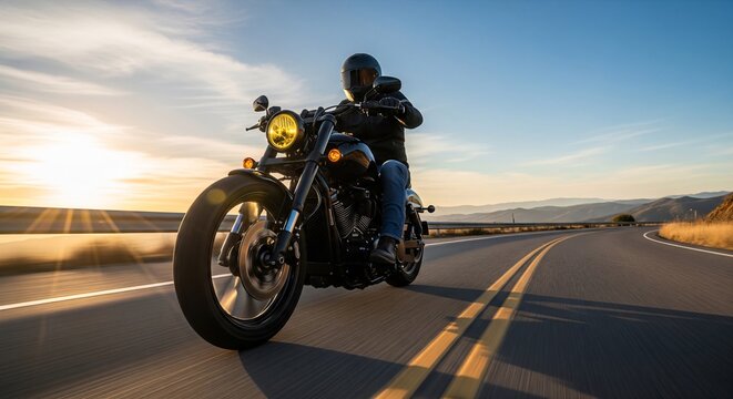 Motorcyclist on a Black Cruiser Bike Navigating a Winding Mountain Roa