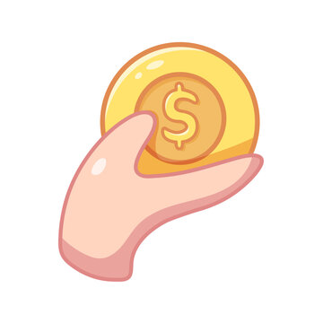 Hand holding coin in kawaii cartoon style. Perfect for payment concepts, kids games, or financial literacy. Isolated vector icon