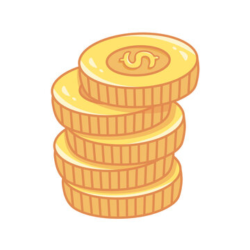 Stack of coins in a cute cartoon style with outline. Ideal for finance apps, kids games, or money themes. Isolated on white background