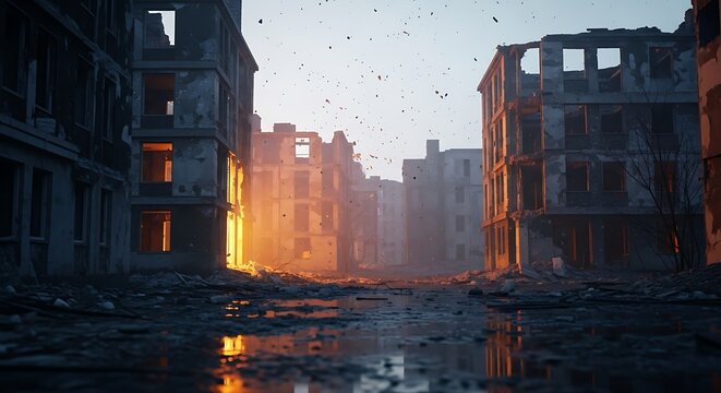 Desolate cityscape after catastrophic event.