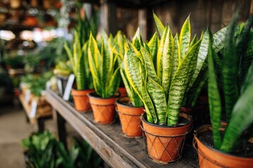 Obraz premium Lush rows of snake plants in terracotta pots on a wooden shelf, displayed at a store