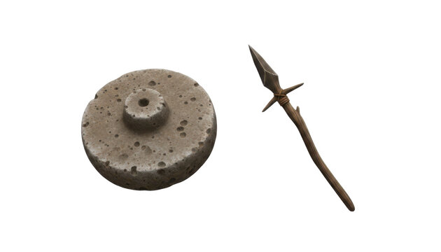 Ancient Stone Grinding Wheel and Primitive Spear