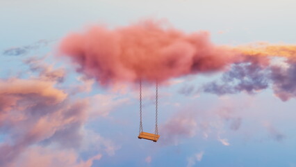 Swing hangs from a cloud high in the sky. background shows colorful clouds during sunset. Soft light gives the scene a dream-like look as the swing moves gently. 3d render © angel_nt