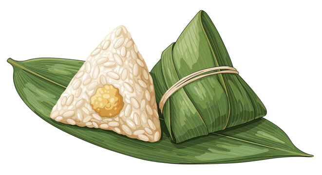 Illustration of traditional rice dumplings, one wrapped in a leaf and the other exposed, resting on a green leaf with a white background