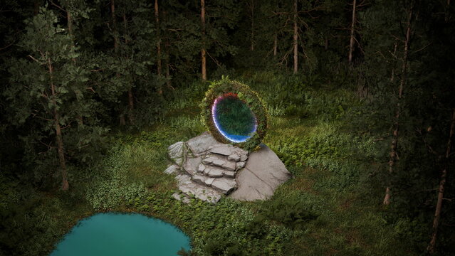 Circle of light portal sits on top of rocks next to a small body of water. Trees grow densely around the site, and grass covers the ground in a forest setting during daylight hours. 3d render