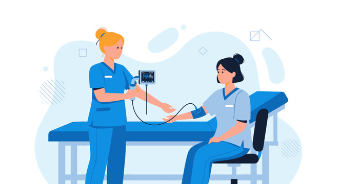 Medical, healthcare, vector illustration, doctor, nurse, blood pressure, checkup, examination, blue scrubs, medical equipment, patient, sitting, cartoon style