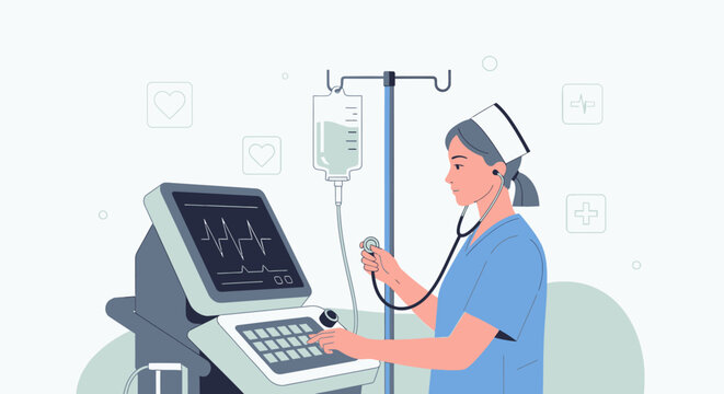 Medical, healthcare, hospital, doctor, nurse, patient monitoring, blue scrubs, medical equipment, vector illustration